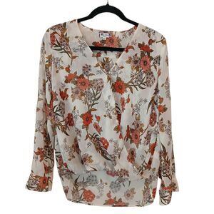 Kut From The Cloth Floral Faux Wrap Blouse Tab Sleeve Size XS‎ Sheer High Low